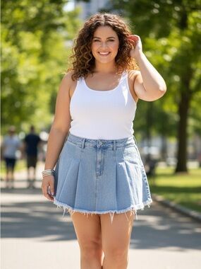 SHEIN 2X Jean Skort • Frayed Hem Pleated Denim Mini • New With Tags